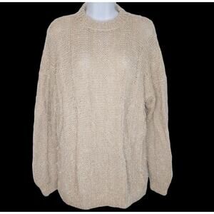 Women's M/L Hand Knit Handmade Pullover Sweater Beige Eyelash Cable Mock Neck‎